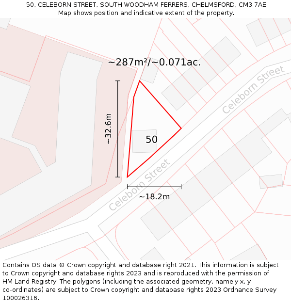 50, CELEBORN STREET, SOUTH WOODHAM FERRERS, CHELMSFORD, CM3 7AE: Plot and title map