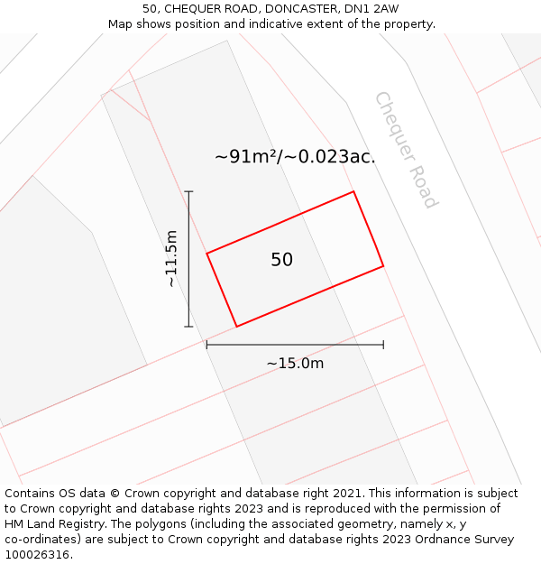 50, CHEQUER ROAD, DONCASTER, DN1 2AW: Plot and title map