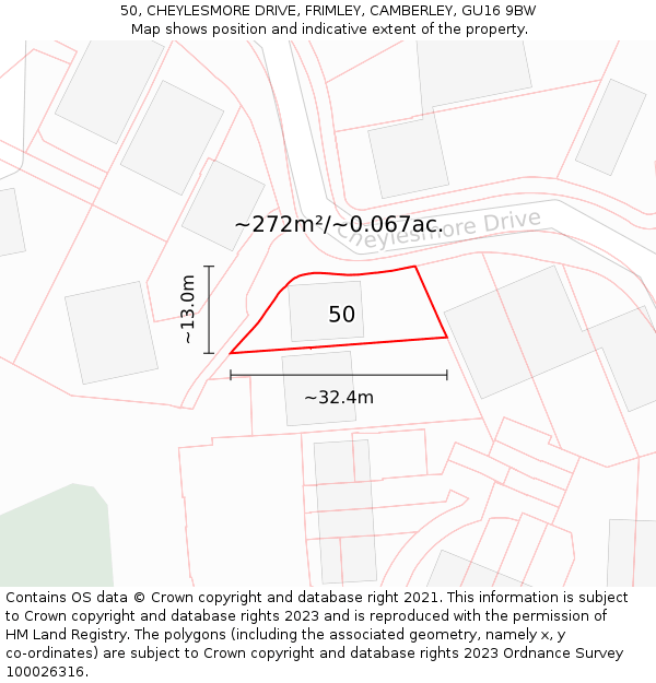 50, CHEYLESMORE DRIVE, FRIMLEY, CAMBERLEY, GU16 9BW: Plot and title map