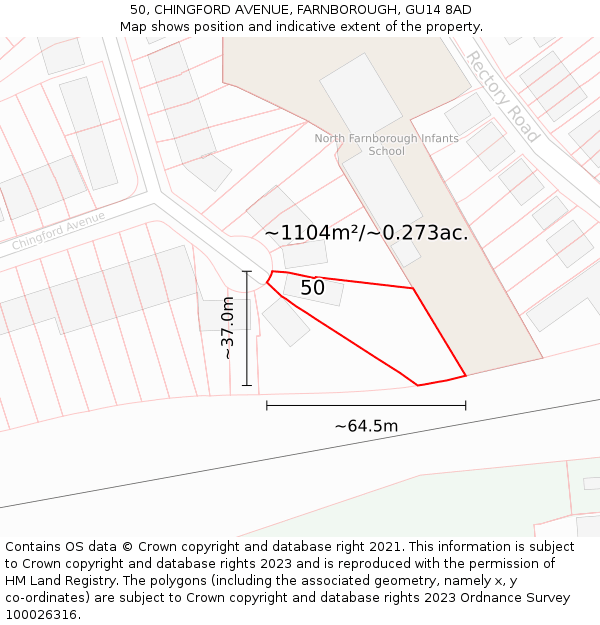 50, CHINGFORD AVENUE, FARNBOROUGH, GU14 8AD: Plot and title map