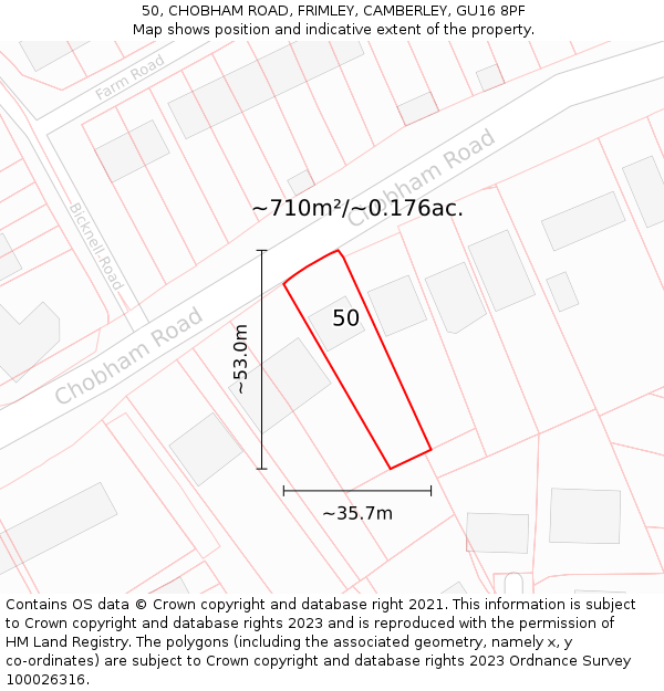 50, CHOBHAM ROAD, FRIMLEY, CAMBERLEY, GU16 8PF: Plot and title map