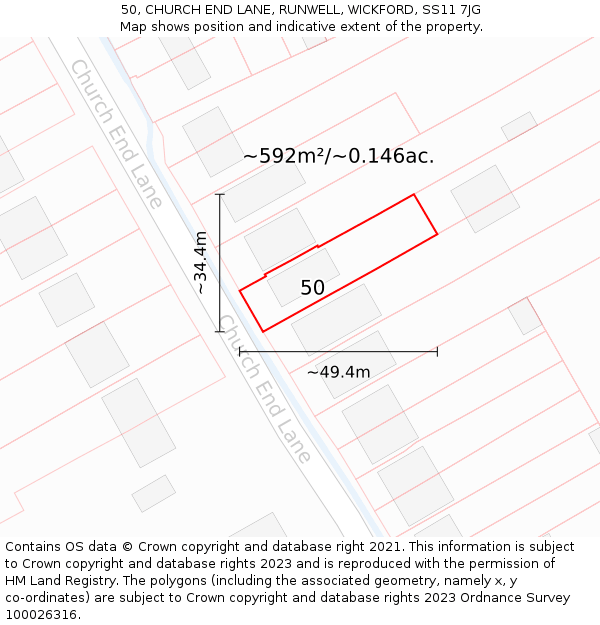 50, CHURCH END LANE, RUNWELL, WICKFORD, SS11 7JG: Plot and title map