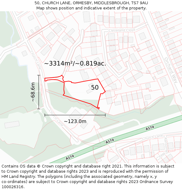 50, CHURCH LANE, ORMESBY, MIDDLESBROUGH, TS7 9AU: Plot and title map