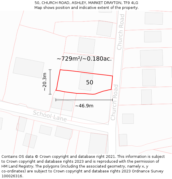 50, CHURCH ROAD, ASHLEY, MARKET DRAYTON, TF9 4LG: Plot and title map