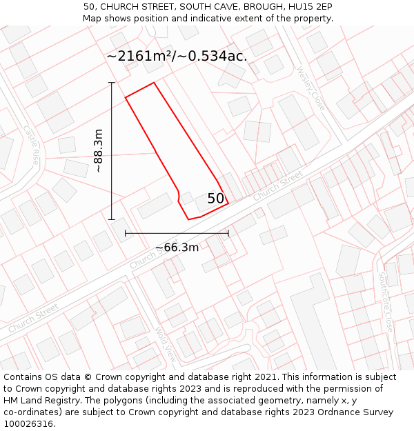 50, CHURCH STREET, SOUTH CAVE, BROUGH, HU15 2EP: Plot and title map