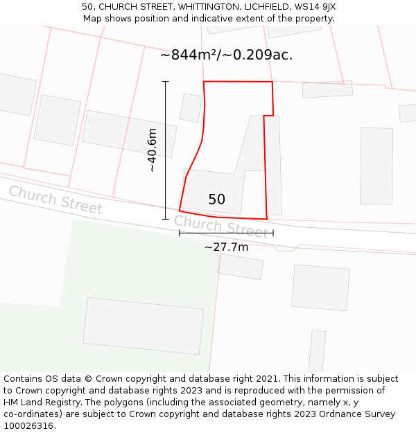 50, CHURCH STREET, WHITTINGTON, LICHFIELD, WS14 9JX: Plot and title map