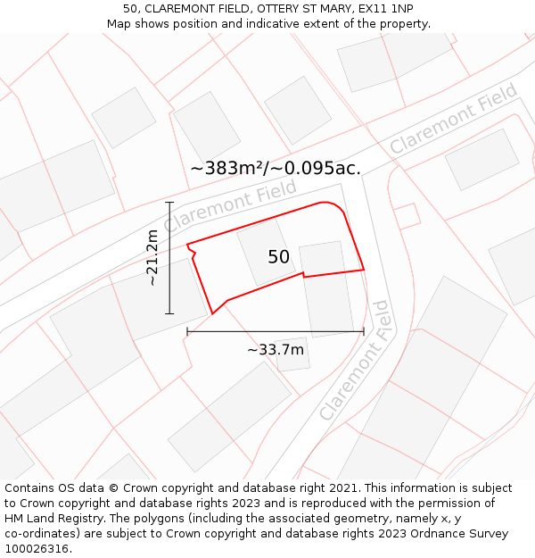 50, CLAREMONT FIELD, OTTERY ST MARY, EX11 1NP: Plot and title map