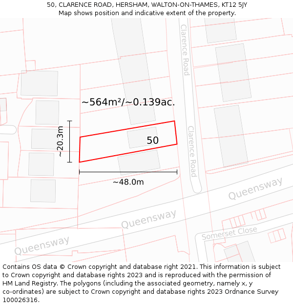 50, CLARENCE ROAD, HERSHAM, WALTON-ON-THAMES, KT12 5JY: Plot and title map