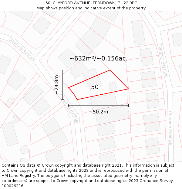 50, CLAYFORD AVENUE, FERNDOWN, BH22 9PG: Plot and title map