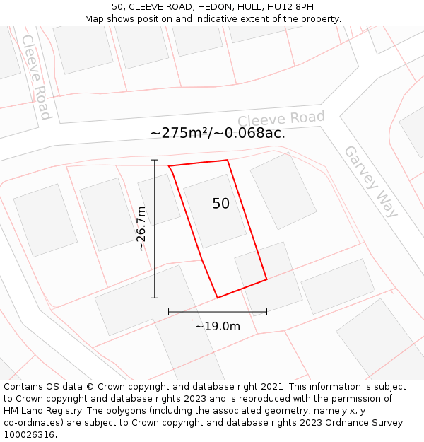 50, CLEEVE ROAD, HEDON, HULL, HU12 8PH: Plot and title map