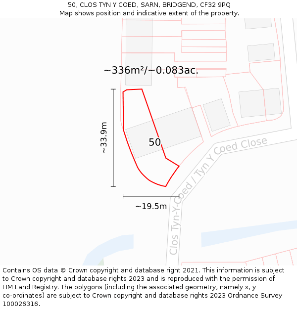 50, CLOS TYN Y COED, SARN, BRIDGEND, CF32 9PQ: Plot and title map