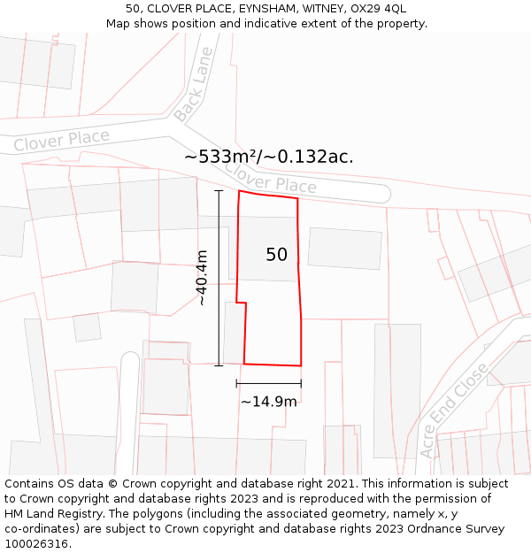 50, CLOVER PLACE, EYNSHAM, WITNEY, OX29 4QL: Plot and title map