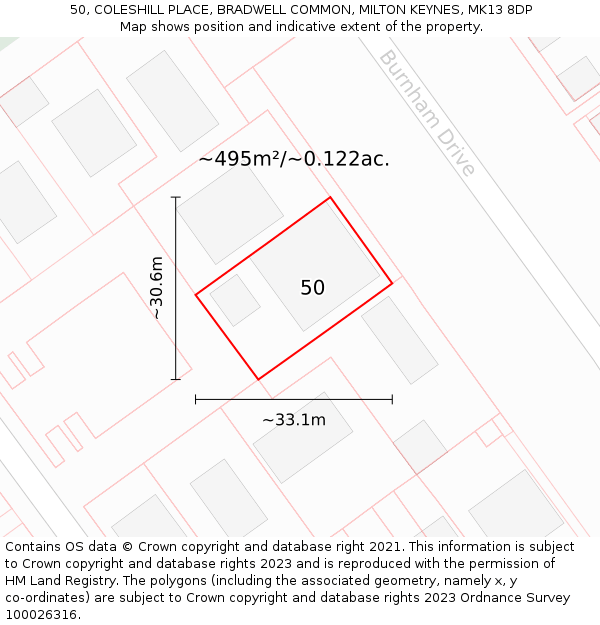 50, COLESHILL PLACE, BRADWELL COMMON, MILTON KEYNES, MK13 8DP: Plot and title map