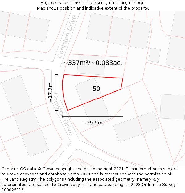 50, CONISTON DRIVE, PRIORSLEE, TELFORD, TF2 9QP: Plot and title map