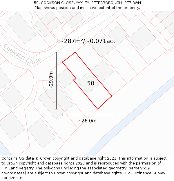 50, COOKSON CLOSE, YAXLEY, PETERBOROUGH, PE7 3WN: Plot and title map