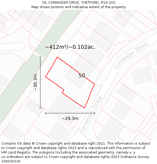 50, CORIANDER DRIVE, THETFORD, IP24 2XZ: Plot and title map