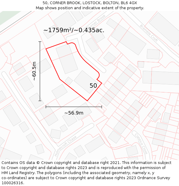 50, CORNER BROOK, LOSTOCK, BOLTON, BL6 4GX: Plot and title map