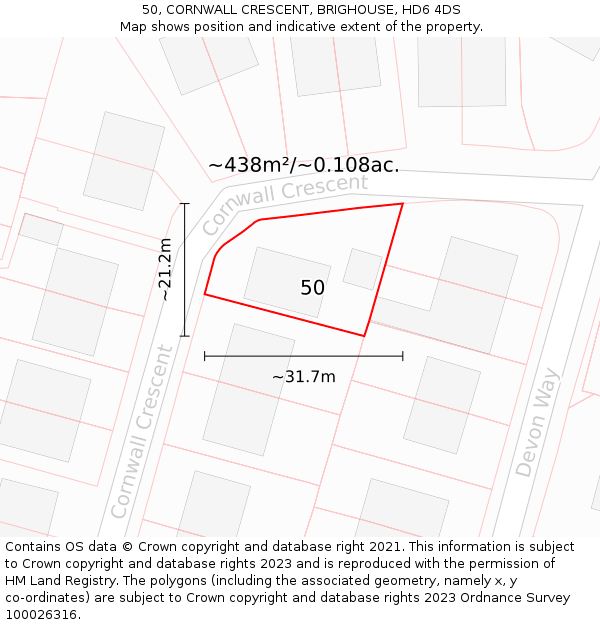 50, CORNWALL CRESCENT, BRIGHOUSE, HD6 4DS: Plot and title map