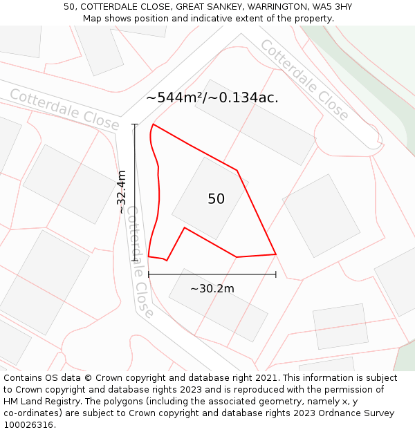 50, COTTERDALE CLOSE, GREAT SANKEY, WARRINGTON, WA5 3HY: Plot and title map