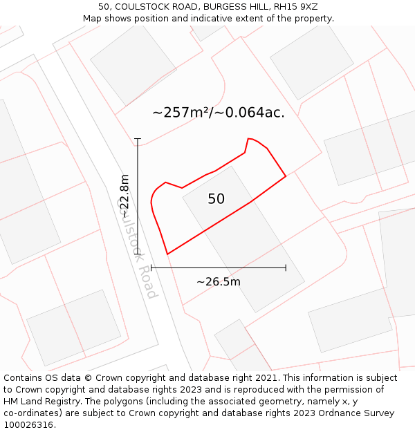 50, COULSTOCK ROAD, BURGESS HILL, RH15 9XZ: Plot and title map