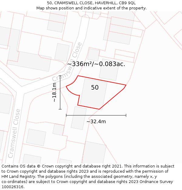 50, CRAMSWELL CLOSE, HAVERHILL, CB9 9QL: Plot and title map