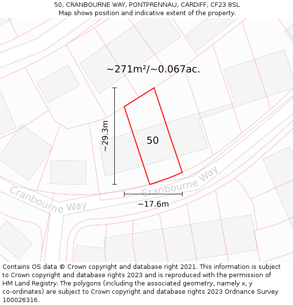 50, CRANBOURNE WAY, PONTPRENNAU, CARDIFF, CF23 8SL: Plot and title map