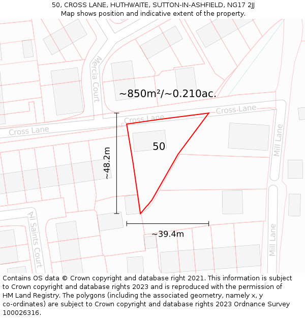 50, CROSS LANE, HUTHWAITE, SUTTON-IN-ASHFIELD, NG17 2JJ: Plot and title map