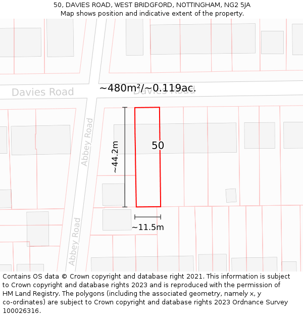 50, DAVIES ROAD, WEST BRIDGFORD, NOTTINGHAM, NG2 5JA: Plot and title map