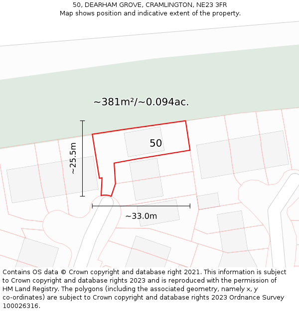 50, DEARHAM GROVE, CRAMLINGTON, NE23 3FR: Plot and title map