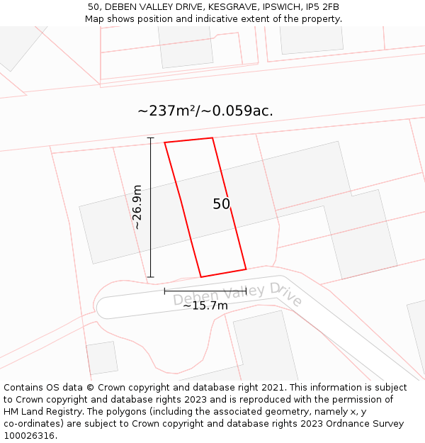 50, DEBEN VALLEY DRIVE, KESGRAVE, IPSWICH, IP5 2FB: Plot and title map