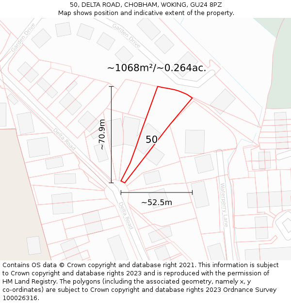 50, DELTA ROAD, CHOBHAM, WOKING, GU24 8PZ: Plot and title map