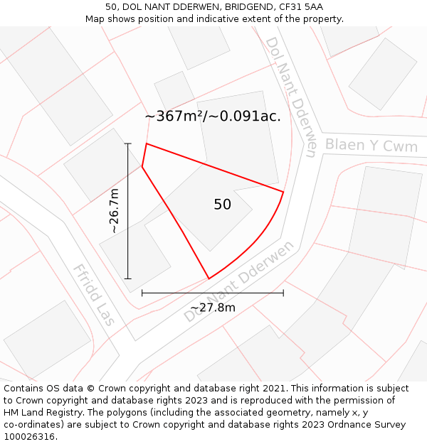 50, DOL NANT DDERWEN, BRIDGEND, CF31 5AA: Plot and title map