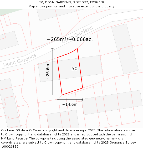 50, DONN GARDENS, BIDEFORD, EX39 4FR: Plot and title map