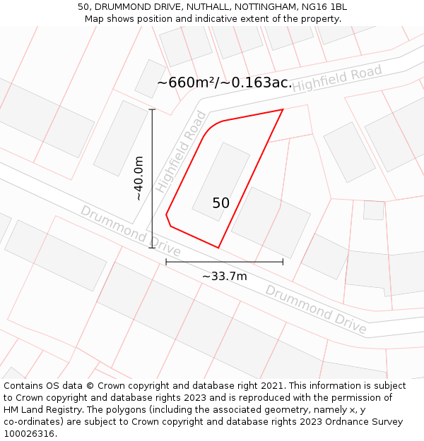 50, DRUMMOND DRIVE, NUTHALL, NOTTINGHAM, NG16 1BL: Plot and title map