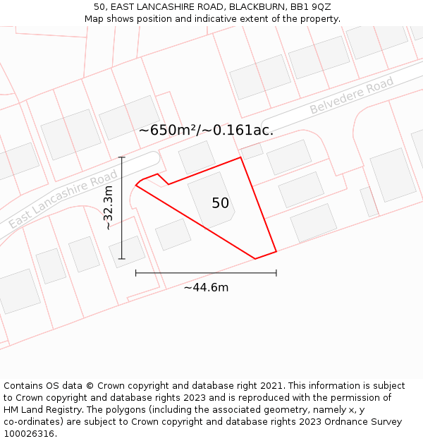 50, EAST LANCASHIRE ROAD, BLACKBURN, BB1 9QZ: Plot and title map