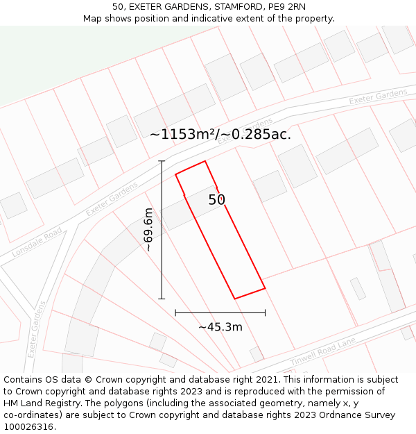 50, EXETER GARDENS, STAMFORD, PE9 2RN: Plot and title map