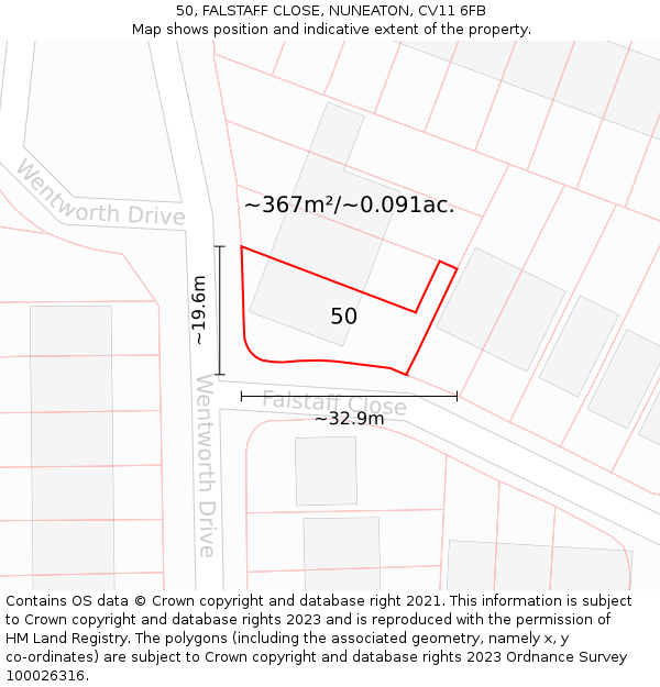 50, FALSTAFF CLOSE, NUNEATON, CV11 6FB: Plot and title map