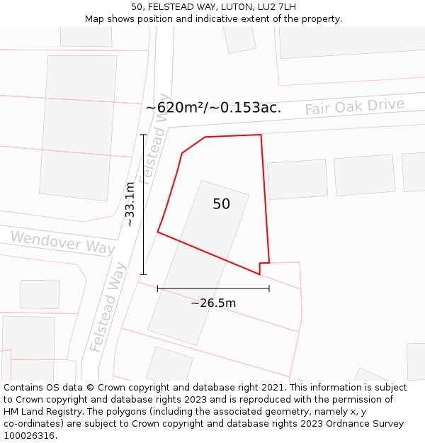 50, FELSTEAD WAY, LUTON, LU2 7LH: Plot and title map