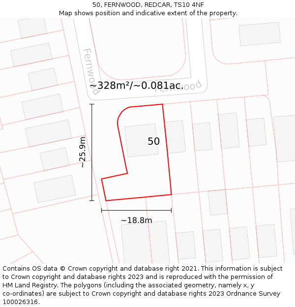 50, FERNWOOD, REDCAR, TS10 4NF: Plot and title map