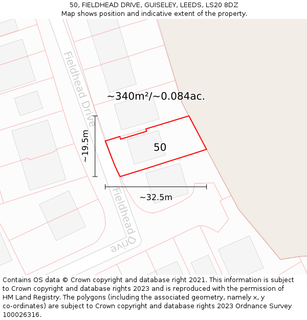 50, FIELDHEAD DRIVE, GUISELEY, LEEDS, LS20 8DZ: Plot and title map