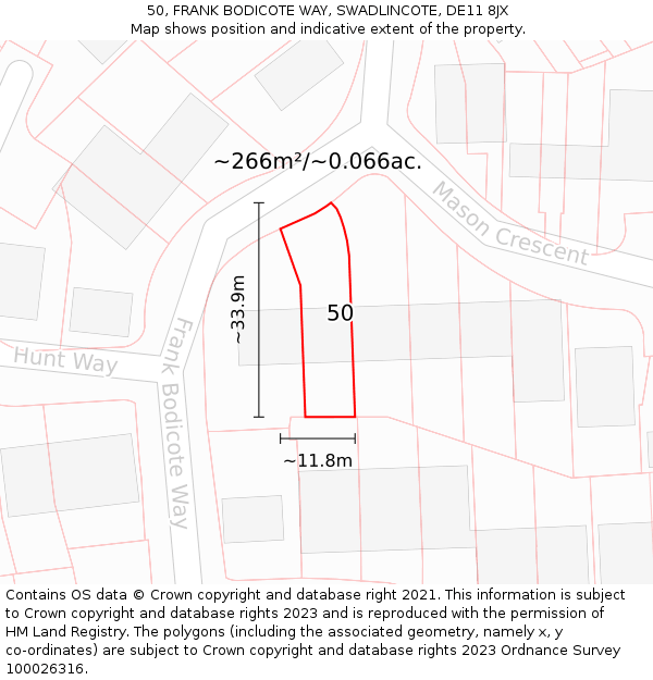 50, FRANK BODICOTE WAY, SWADLINCOTE, DE11 8JX: Plot and title map