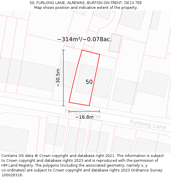 50, FURLONG LANE, ALREWAS, BURTON-ON-TRENT, DE13 7EE: Plot and title map