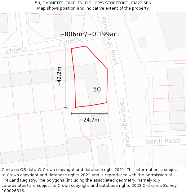 50, GARNETTS, TAKELEY, BISHOP'S STORTFORD, CM22 6RN: Plot and title map