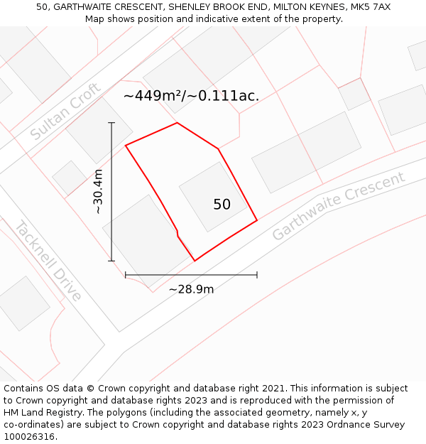 50, GARTHWAITE CRESCENT, SHENLEY BROOK END, MILTON KEYNES, MK5 7AX: Plot and title map