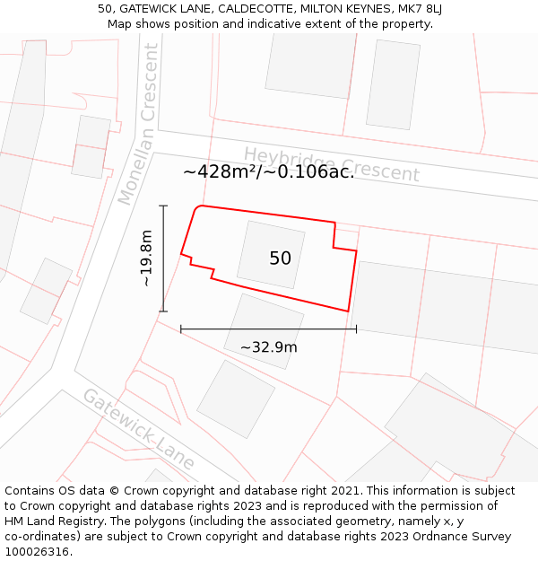 50, GATEWICK LANE, CALDECOTTE, MILTON KEYNES, MK7 8LJ: Plot and title map