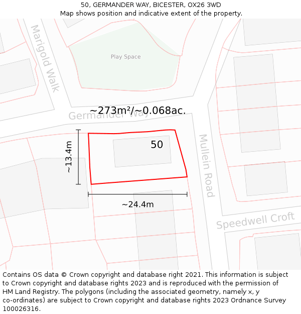 50, GERMANDER WAY, BICESTER, OX26 3WD: Plot and title map