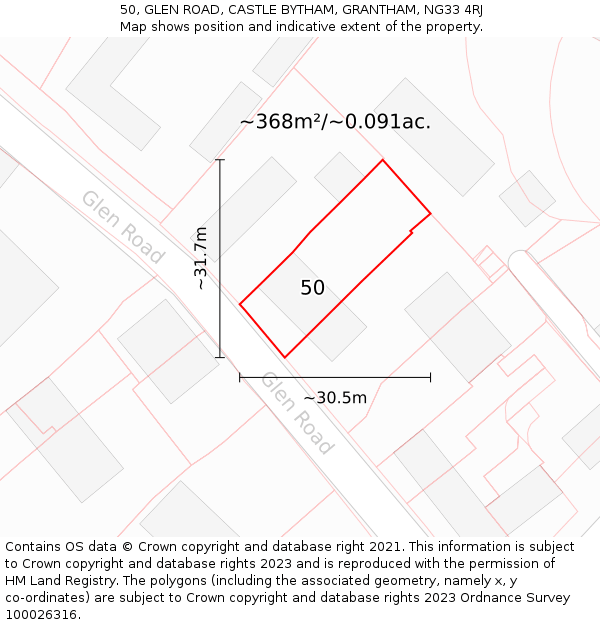 50, GLEN ROAD, CASTLE BYTHAM, GRANTHAM, NG33 4RJ: Plot and title map