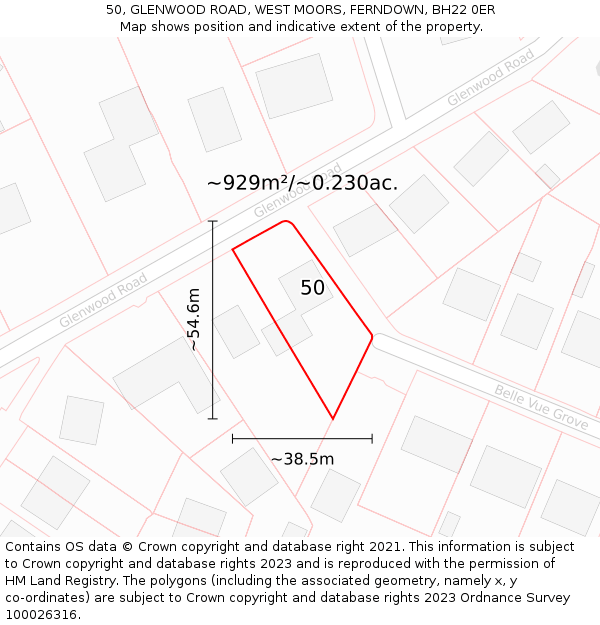 50, GLENWOOD ROAD, WEST MOORS, FERNDOWN, BH22 0ER: Plot and title map