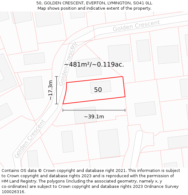 50, GOLDEN CRESCENT, EVERTON, LYMINGTON, SO41 0LL: Plot and title map