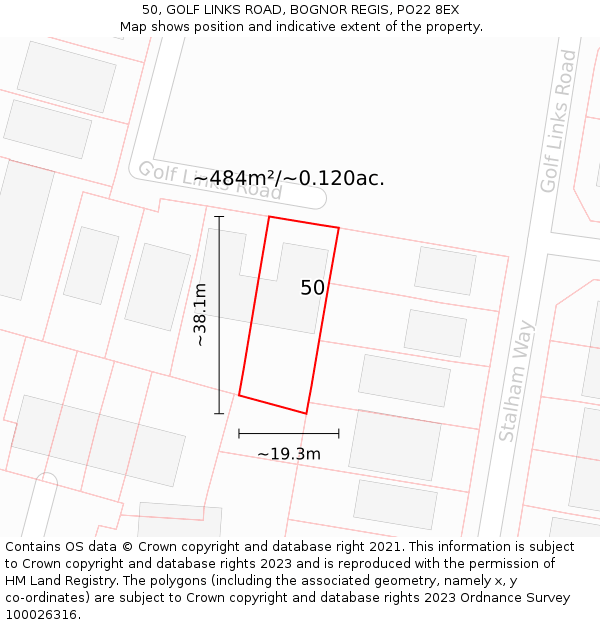 50, GOLF LINKS ROAD, BOGNOR REGIS, PO22 8EX: Plot and title map